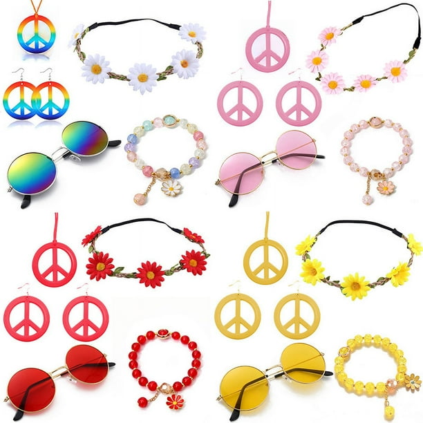 Traje de hippie de Halloween, gafas, pendientes, collar, tocado