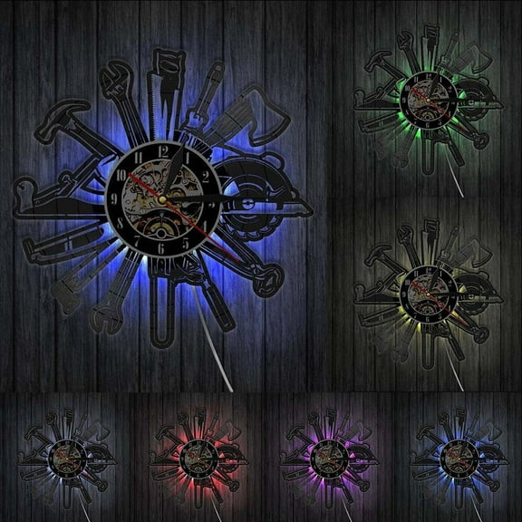 Car Garage Tools Vinyl Record Wall Clock Mechanic Service Car Wall Watch Repairing Tool Clock Repairman Gift Man Cave Room Decor With LED