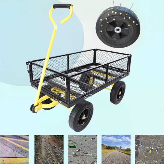 Olurrisa Solid Wheel Garden Dump Cart, Heavy Duty Metal Utility Wagon for Yard Work, Soil, Firewood & Tools, No-Flat Tires, Spacious Bed
