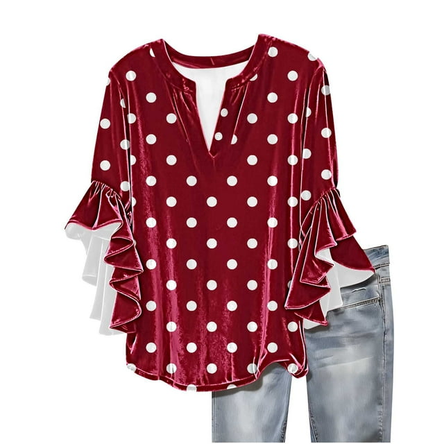 FAIWAD Women Velvet Tops Ruffle 3/4 Sleeve Button Up Shirts Vintage Polka Dot Print Blouses Work Office Clothes