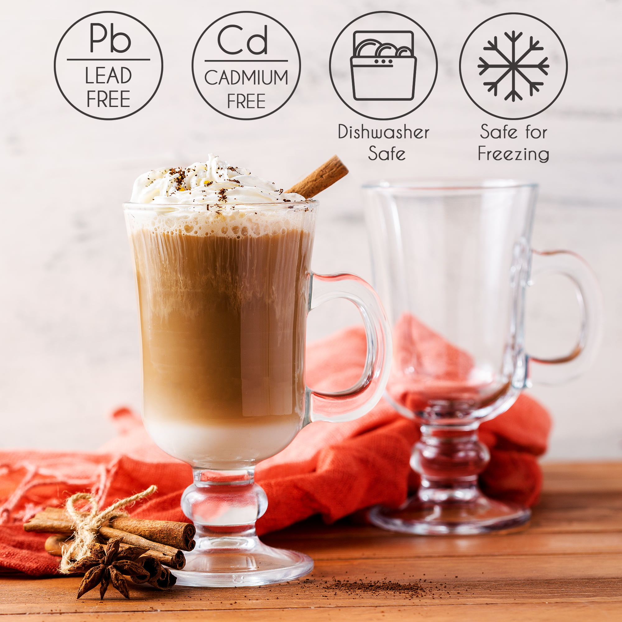 4 x TALL LATTE GLASSES COFFEE MUG GLASS HANDLE CHOCOLATE CAPPUCCINO DRINK  250ml