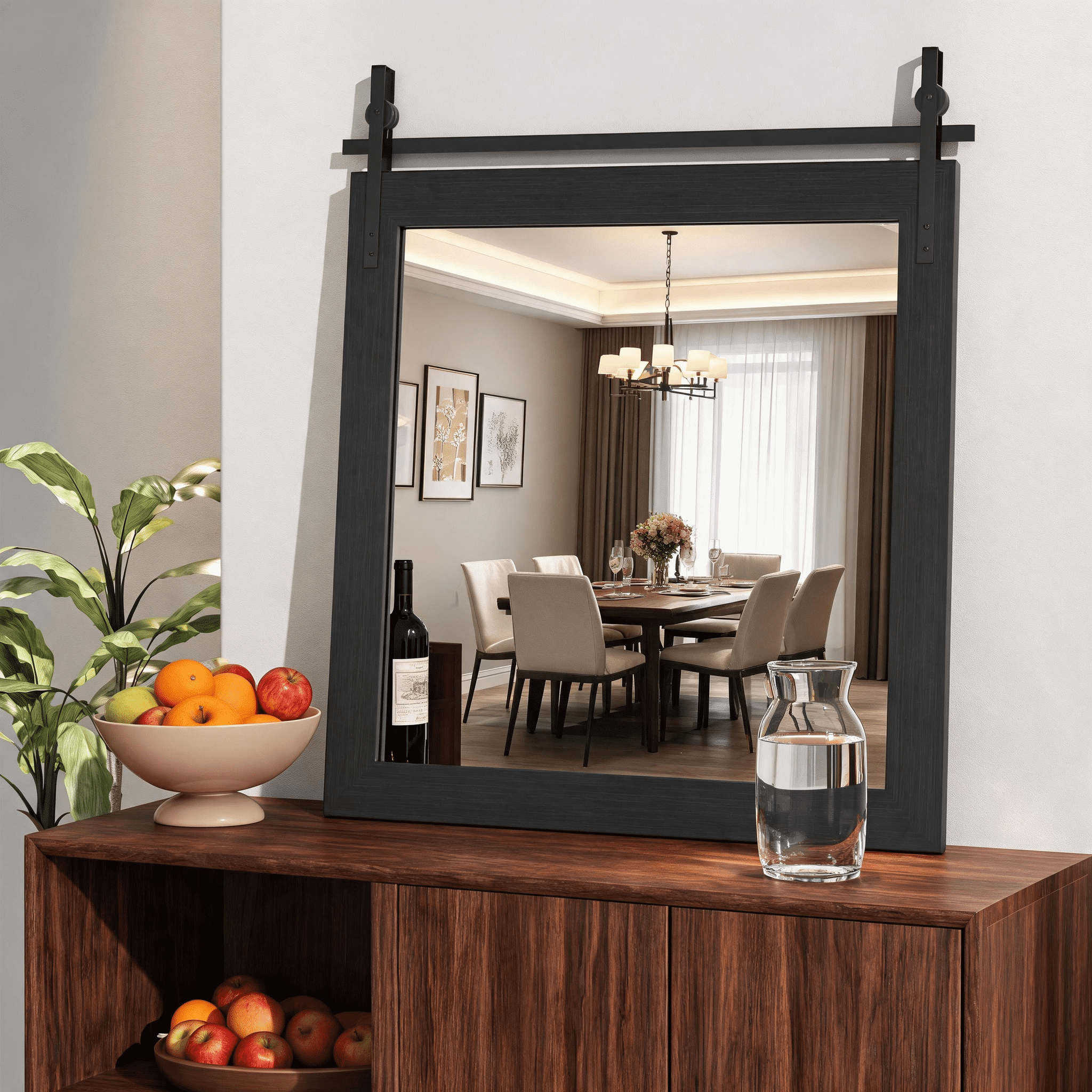 31x31-Inch Farmhouse Bathroom Mirror with Faux Wood Grain Frame, Rustic Wall Mounted Vanity Mirror and Decorative Mirror for Bathroom, Black