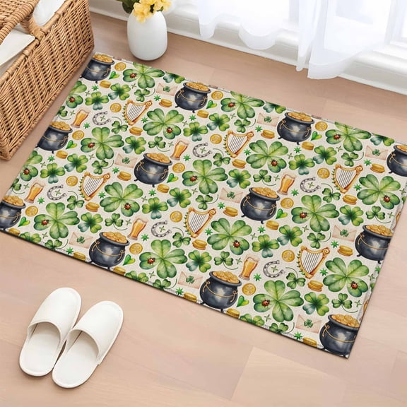 Entryway Rug 2'x3', St. Patrick's Day Small Rug for Kitchen Bathroom Door Mat Indoor Entrance, Lucky Shamrocks Retro Harp Beer Horseshoes Non-Slip Area Rugs Floor Mats Carpet Front Door Rugs