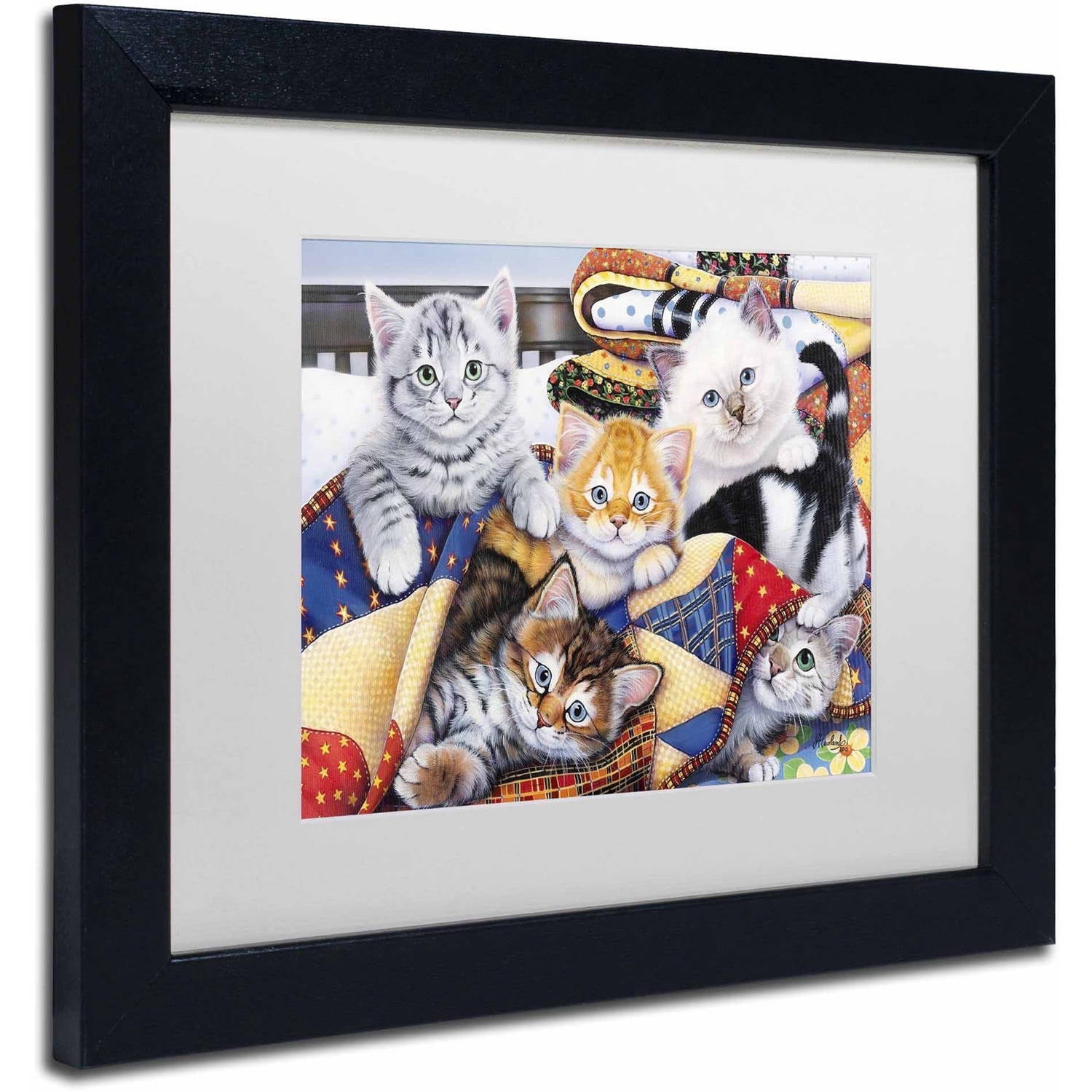 Trademark Fine Art 'Cozy Kittens' Canvas Art by Jenny Newland, White Matte, Black Frame