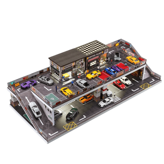 Diorama 1:64 Big Diecast Car Garage Model, LED Lighting Japanese Multi-Story Parking Lot Scene Display Model, Car Model Storage, Display Case Gift Model, Building Model