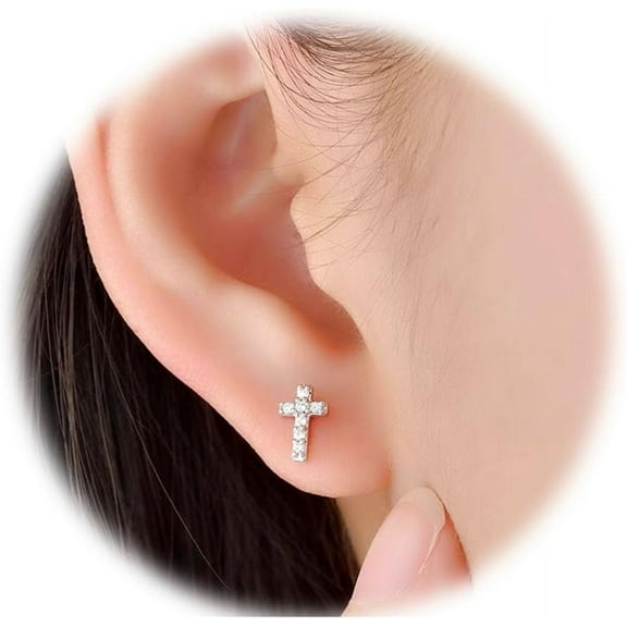 14K White Gold Plated Small Cross Silver Stud Earrings, Hypoallergenic Pave CZ Tiny Cross Stud Earrings for women