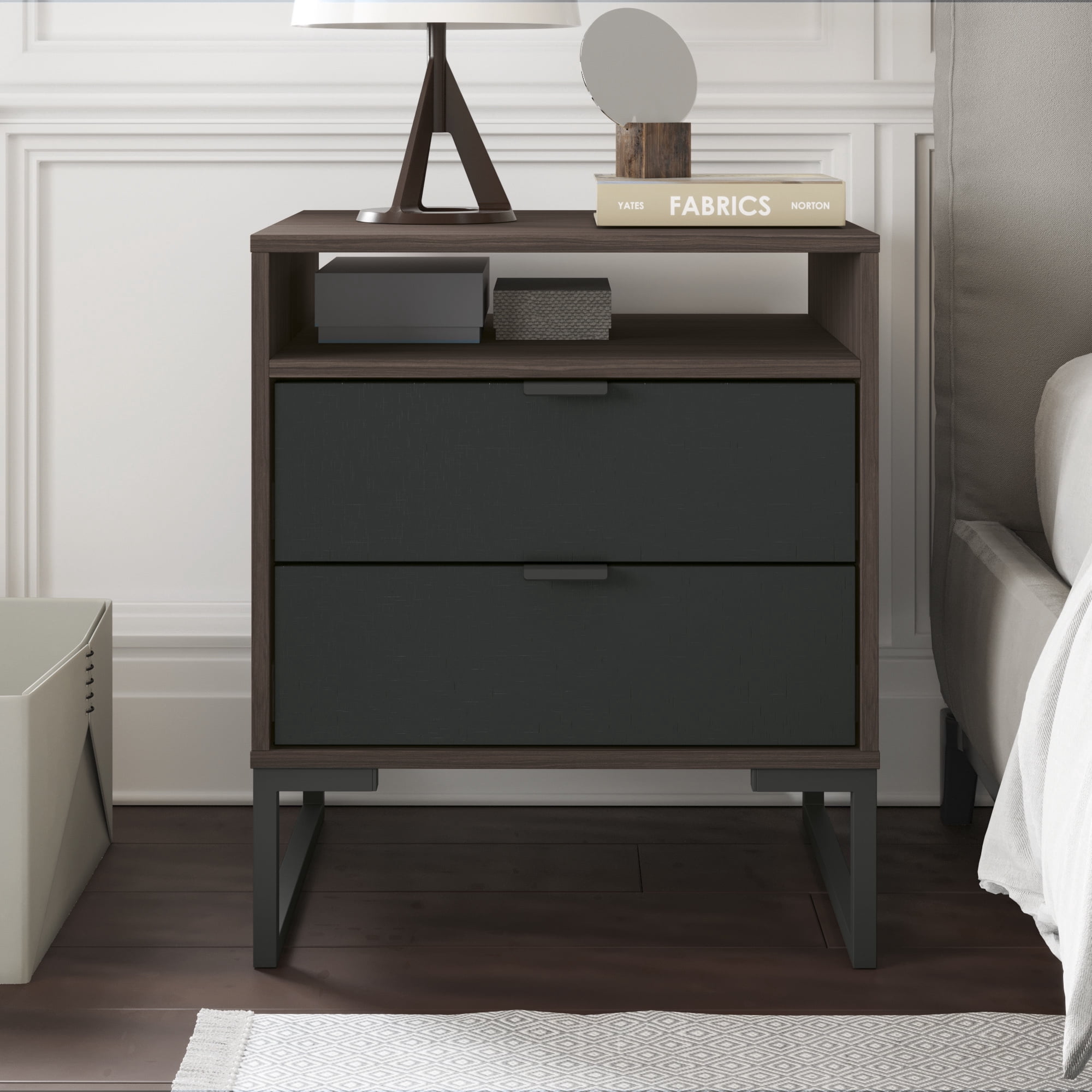 Kappesberg Collins 2-Drawer Nightstand with Open Shelf, Metro Brown & Black, Mid-Century Modern - for Adults and Teens