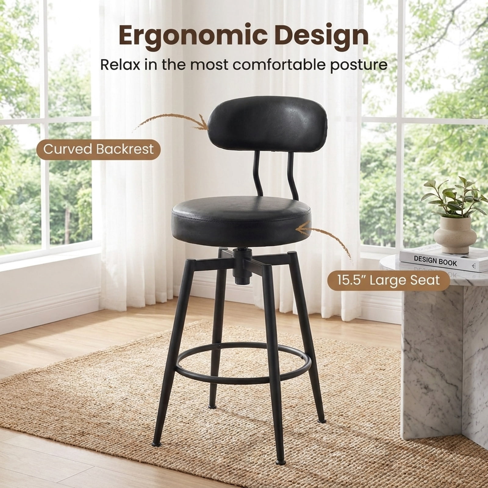 Furnibear Set of 2 Swivel Barstools Faux Leather with Upholstered Seat and Back for Kitchen Island Counter Bar Pub Dining Home, Black