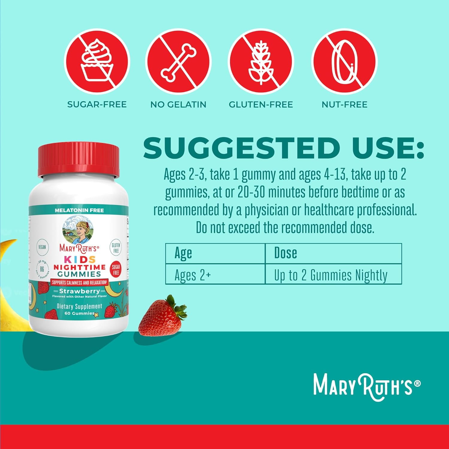 (3 pack) MaryRuth's Kids Nighttime Sleep Gummies Sugar-Free Strawberry Flavor with Vitamin B6 and L-Theanine Dietary Supplement 60 Count