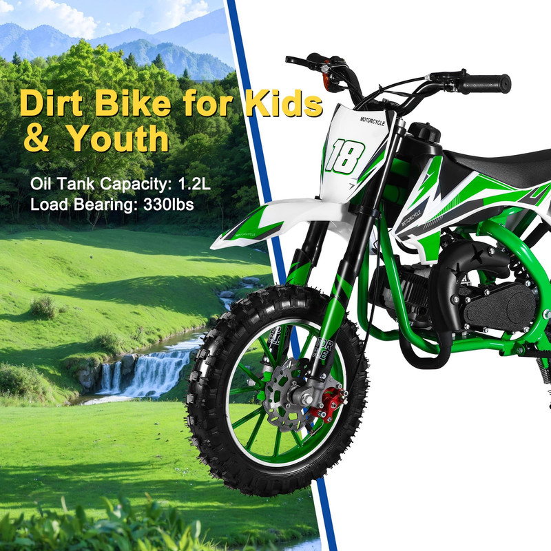 Seipouy 49cc 2-Stroke Kids Dirt Bike,New Upgraded Off-Road Mini Bike with Front & Rear Disc Brake,Max Load 220 lbs,Off Road Gas Power Dirt Bikes for Kids 8-14,Mini Dirt Bike with Max Speed 40km/H
