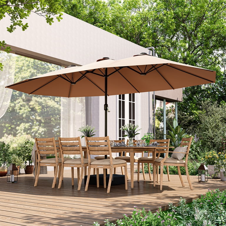 elegant patio umbrellas LAUSAINT HOME 15 ft. Steel Double Sided Market Patio Umbrella with Base and Lights in Beige