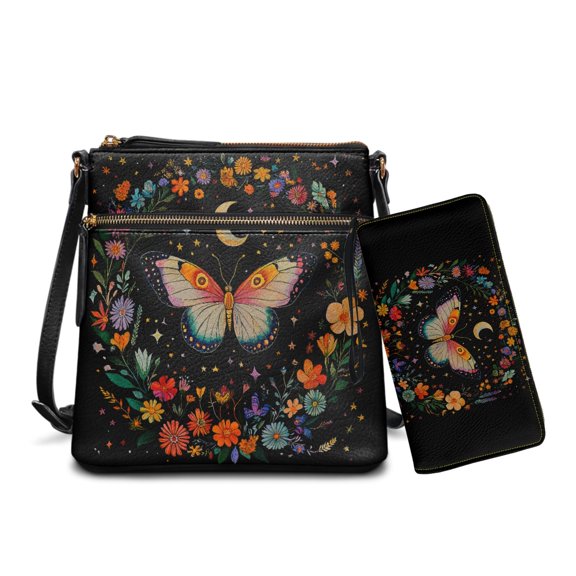 LedBack Butterfly Print Hobo Bag with Wallet Set Leather Crossbody Satchel Purse Multi Pockets Messenger Purse Zipper Shoulder Handbag with Wristlet Wallet, Black