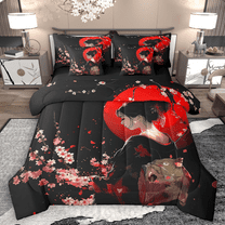 Manfei Chic Geisha Twin Bedding Sets 7pcs, Anime Girl Bedding Comforter Set, Japanese Cherry Blossoms Sheet Sets, Black Red Breathable Home Decor