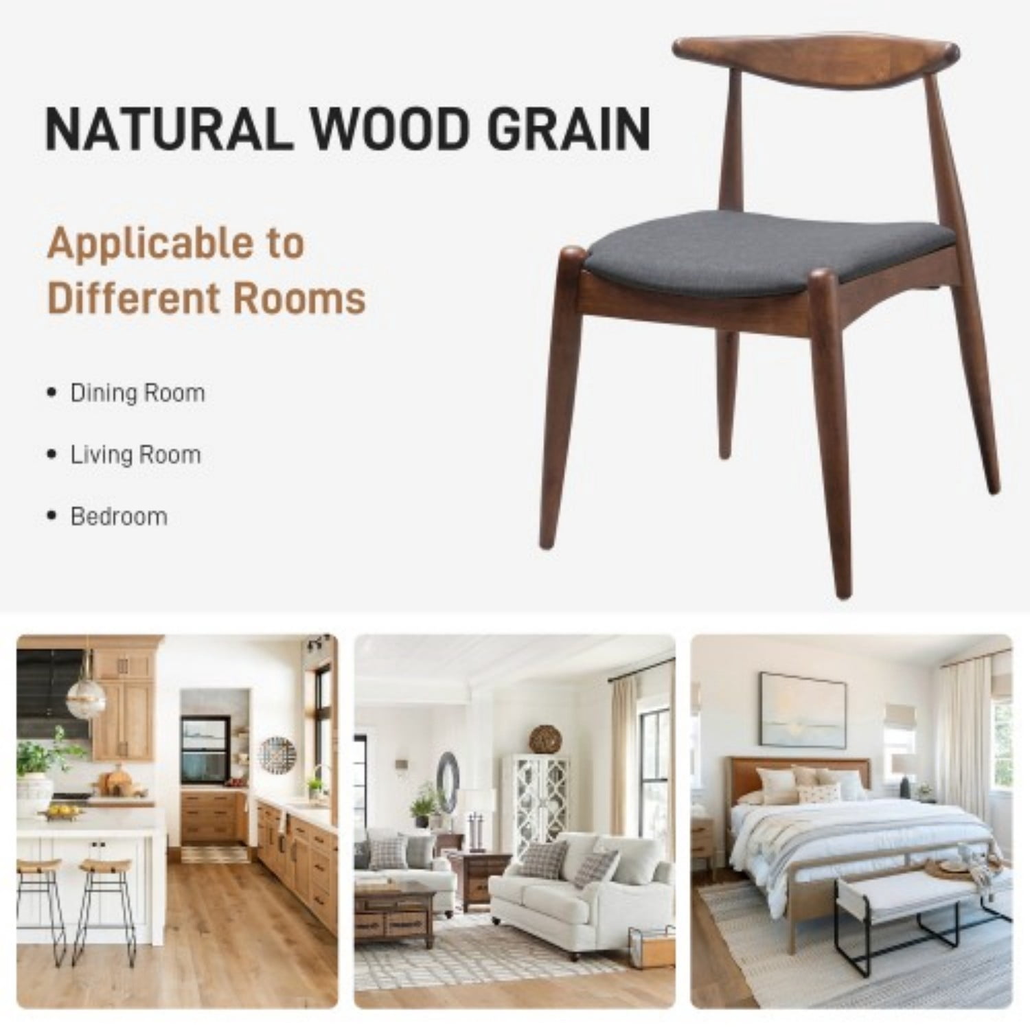 Set of 2 Rubberwood Dining Chairs with Ergonomic Backrest, Upholstered Cushion Seats & Solid Wood Frame, Mid-Century Dining Room Chairs, Walnut, Charcoal