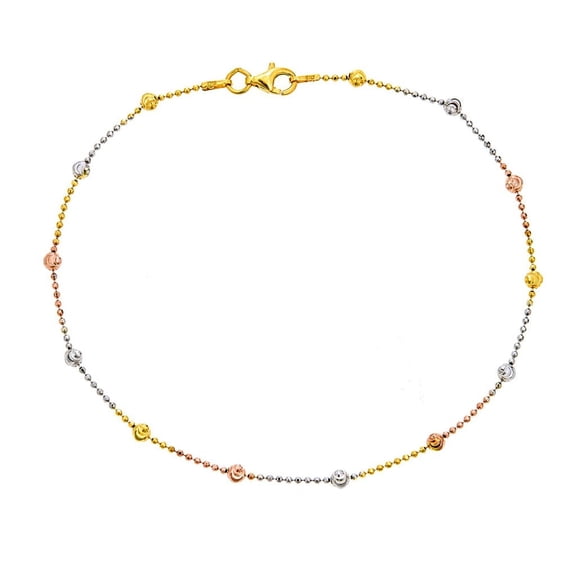 Ritastephens Tri-Color Moon-Cut Round Station Bead Italian Foot Chain Anklet, 10 Inches, Sterling Silver
