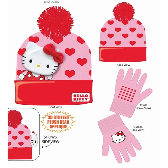 Hello Kitty Cuffed Beanie & Gloves 2-Piece Set with 3D Plush Head Applique – Girls' Winter Accessory Set
