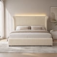 thumbnail image 5 of Hiphuta Corduroy Upholstered King Size Bed Frame with Headboard, LED Platform King Bed Frame with 55"H Tall Vertical Stripe Corduroy Wingback Headboard, White, 5 of 9