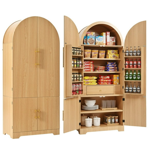 Euroco 72" Tall Arched Kitchen Pantry Cabinet with 8 Door Shelves, Fluted Storage Cabinets with 3 Adjustable Shelves, Hidden Drawer, Versatile Cupboard