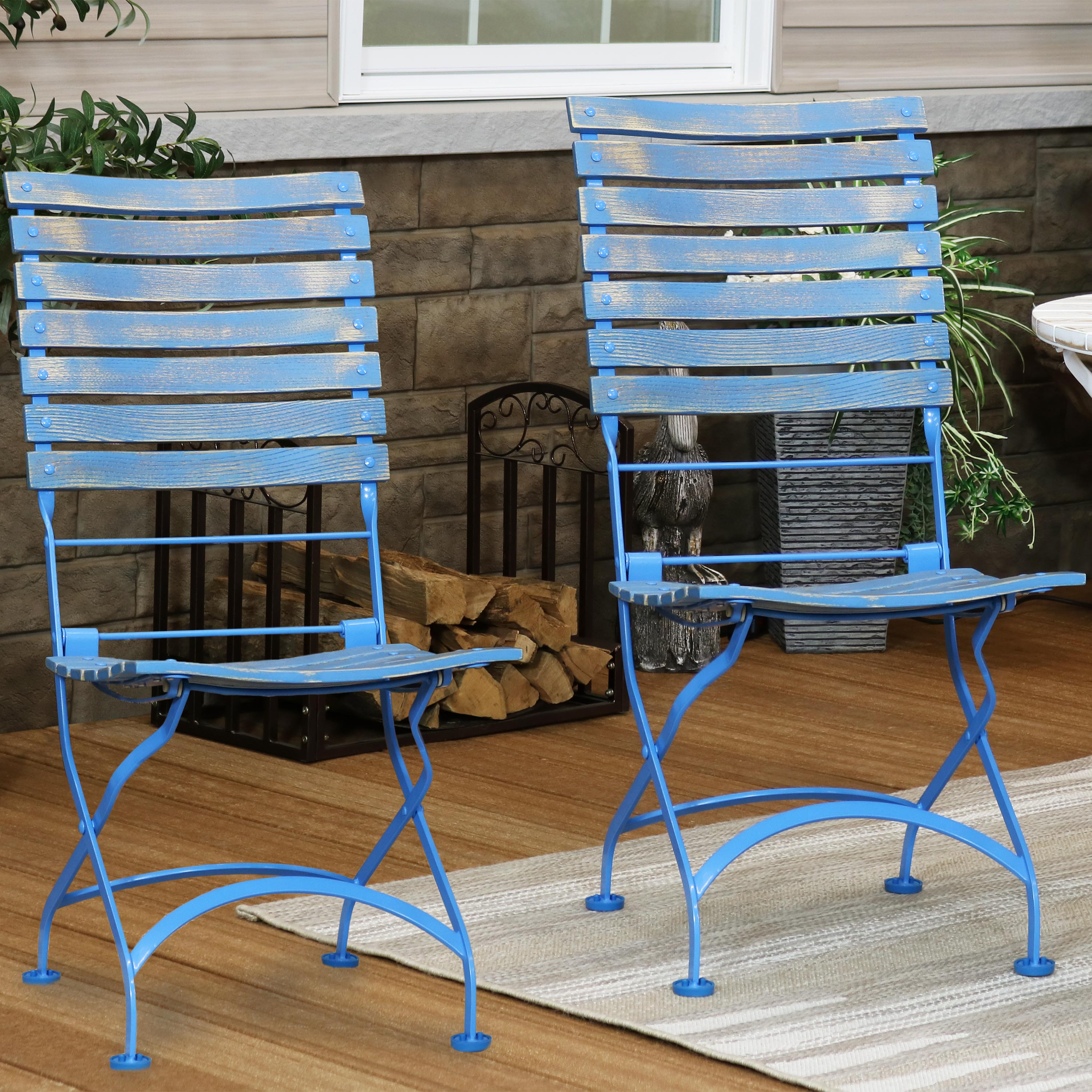 Sunnydaze Cafe Couleur Folding Chestnut Wooden Folding Bistro Chair - Blue - Set of 2 - image 2 of 9