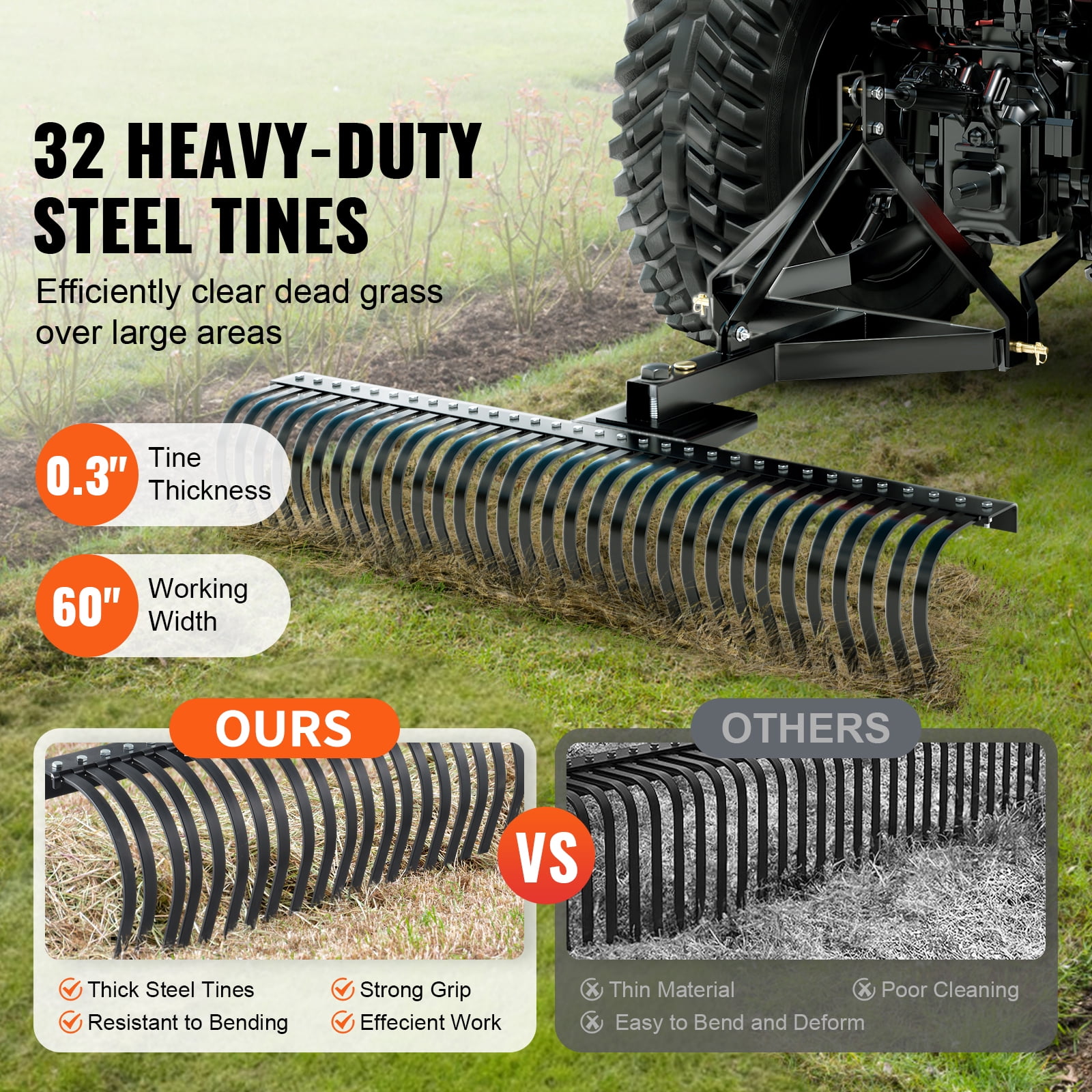 KFFKFF Pull-Behind Thatch Remover, 60" Width, Equipped with 32 Durable Steel Prongs, Tractor-Compatible 3-Point Hitch Garden Rake, Ideal for Soil Preparation and Grass Maintenance