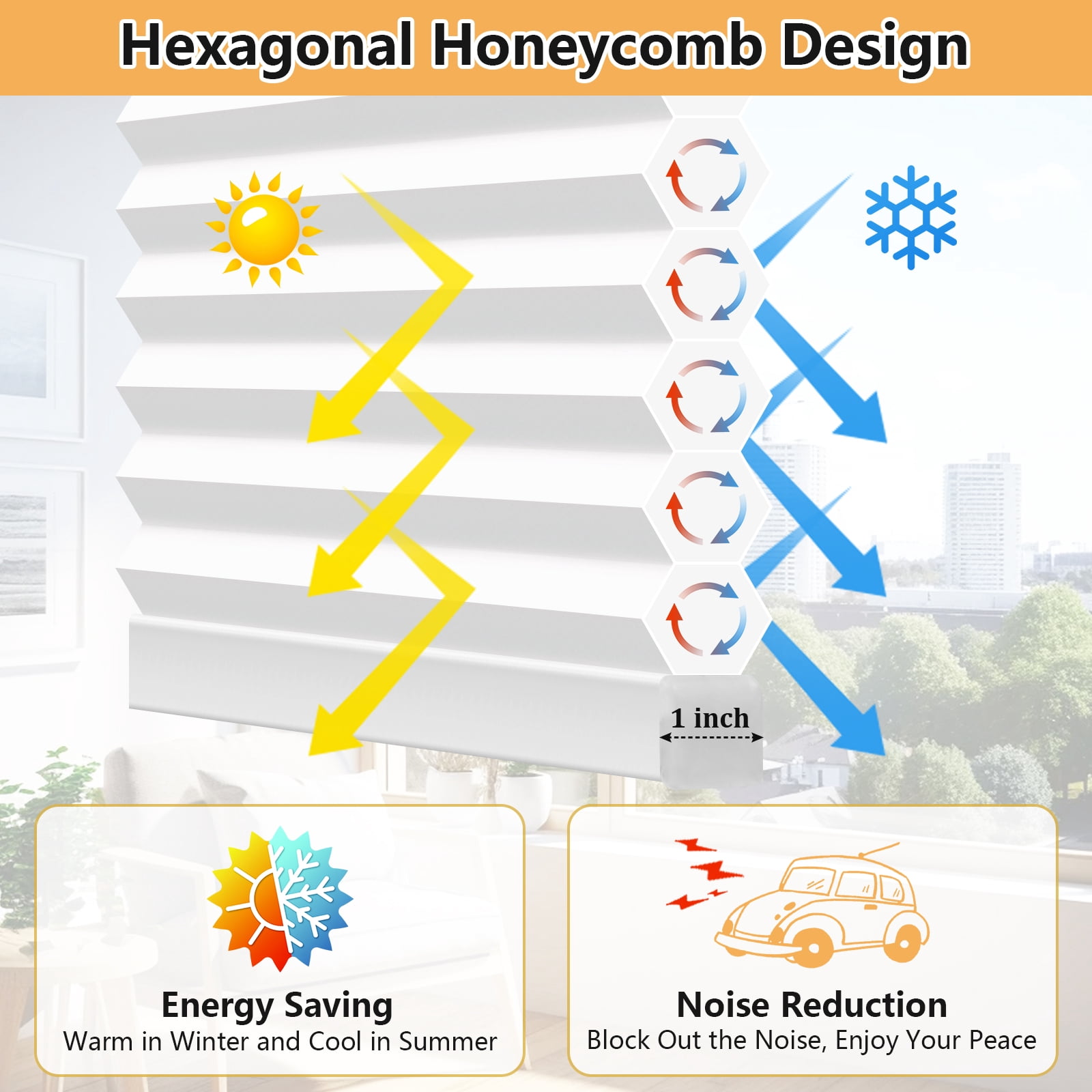 Jane Stone No Drill 24"x36" Light Filtering Cellular Shades, Cordless Free Stop Honeycomb Blinds, Thermal Insulated Noise Reducing Window Blinds, White