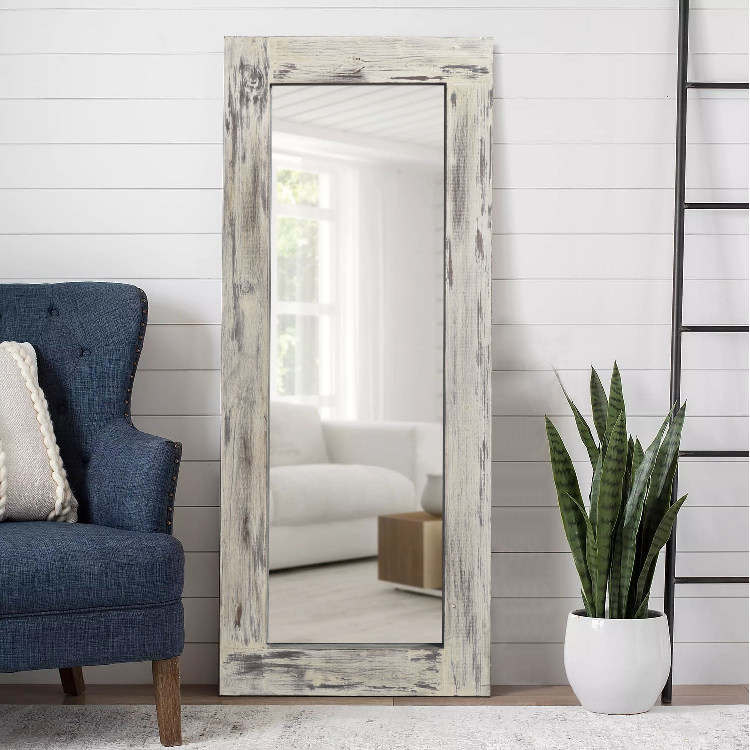 NeuType Rustic Solid Wood Mirror Full Length Mirror Floor Mirror Country Style (Weathered White