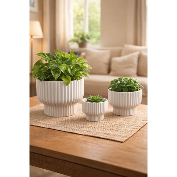 3-piece round White Ribbed durable melamine plastic planter pot