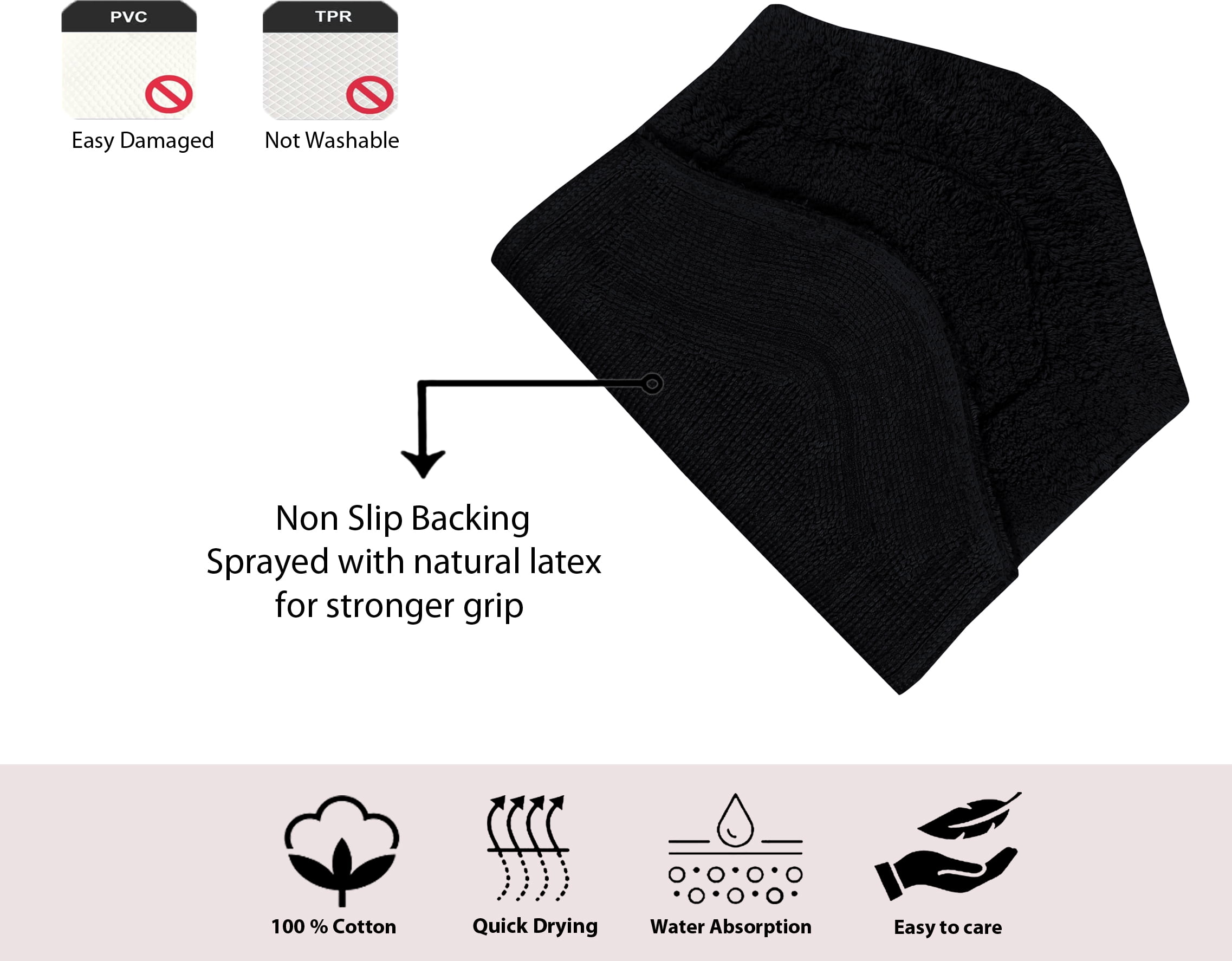 Home Weavers Waterford Collection 100% Cotton Non-Slip Bathroom Rug Set Machine Washable Bathroom Rug-17"x24", Bath Rug- 21"x34", Runner- 22"x60", Black Color 3 Piece Bath Rug set