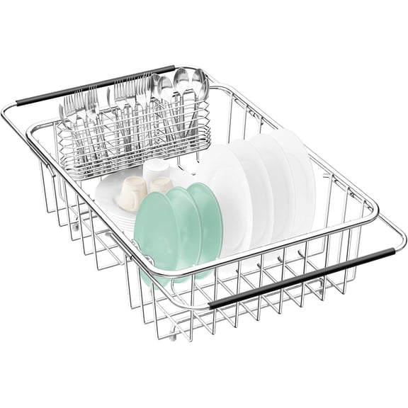 Large Dish Drainer Rack in Sink Adjustable, Expandable 304 Stainless Steel Metal Dish Drying Rack Organizer with Stainless Steel Utensil Holder Over Inside Sink Counter, Rustproof