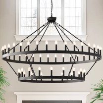 YANSUN 60 in. 54-Light Extra Large Black Wagon Wheel Chandeliers, 2 Tier Farmhouse Pendant Light for Dining Room Living Room