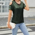 thumbnail image 6 of Sequin Tops for Women Summer Cold Shoulder Short Sleeve Blouses Cross V Neck Color Block Dressy Casual Shirts (M, Green), 6 of 7