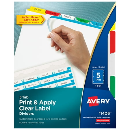 Avery Print & Apply Clear Label Dividers, Index Maker Easy Apply Printable Label Strip, 5 Multicolor Tabs (11406)