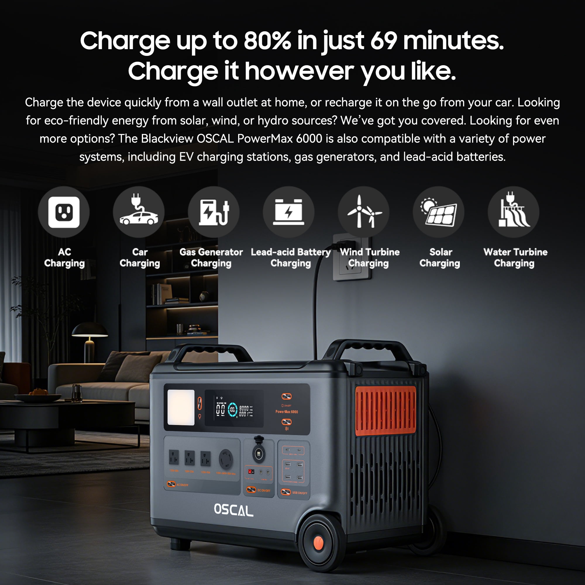 OSCAL PM6000 Portable Power Station 3600Wh LiFePO4 Expandable Solar Generator, 5ms UPS, DC/AC Bi-Directional Inverter for Home Emergency, Outdoor Camping