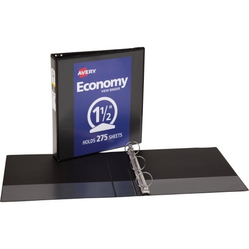 Avery Economy View Binder 1 1/2' Binder Capacity - Letter - 8 1/2' x 11' Sheet Size - 275 Sheet Capacity - 3 x Round Ring Fastener(s) - 2 Internal Pocket(s) - Vinyl - Black - 15.84 oz - Gap-free