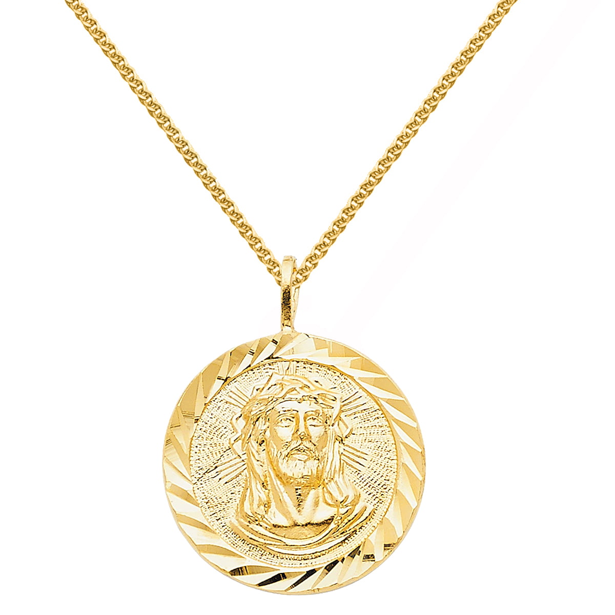 14K Yellow Gold Round Our Lord Jesus Medal Necklace