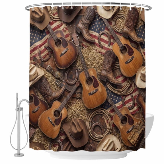 Extra Long Shower Curtain 72x96 Inch, Western Guitar Shower Curtain Waterproof Bathroom Decor, Farmhouse Country American Flag Cowboy Fabric Bath Curtain Set Accessories with Hooks