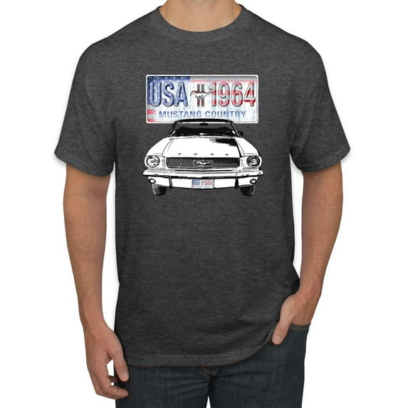 Wild Bobby, Ford Mustang Country USA 1964 Vintage American License Plate, Cars and Trucks, Men Graphic Tee, Heather Black, Large