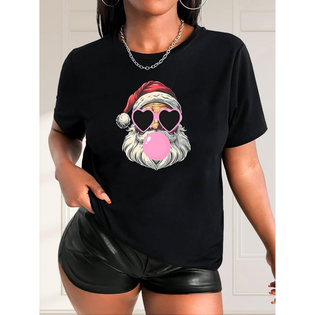 Playera Deportiva Manga Corta Mujer Dry-FitCasual Crew Neck T-Shirt for Women with Cool Santa Print - 100% Polyester, Medium Stretch, Knit Fabric, Hip-Hop Style, Short Sleeve Top for Spring/Summer/F
