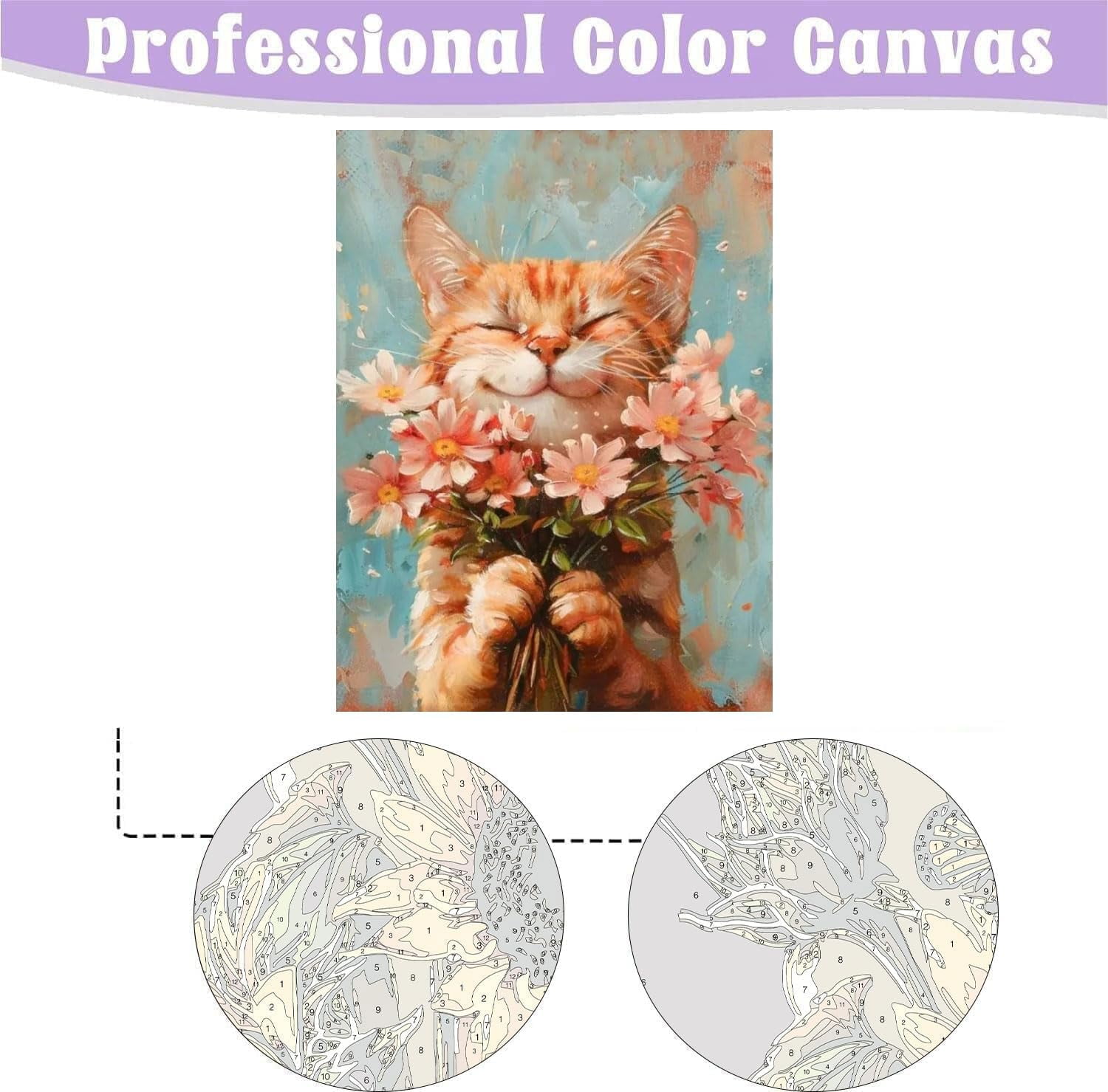 Cat Paint by Numbers Kit for Adults with Framed Canvas&Wooden Easel, DIY Acrylic Paint by Numbers Kits on Canvas, Cat with Flower Drawing Paintwork Arts and Crafts for Home Wall Decor 12x16inch