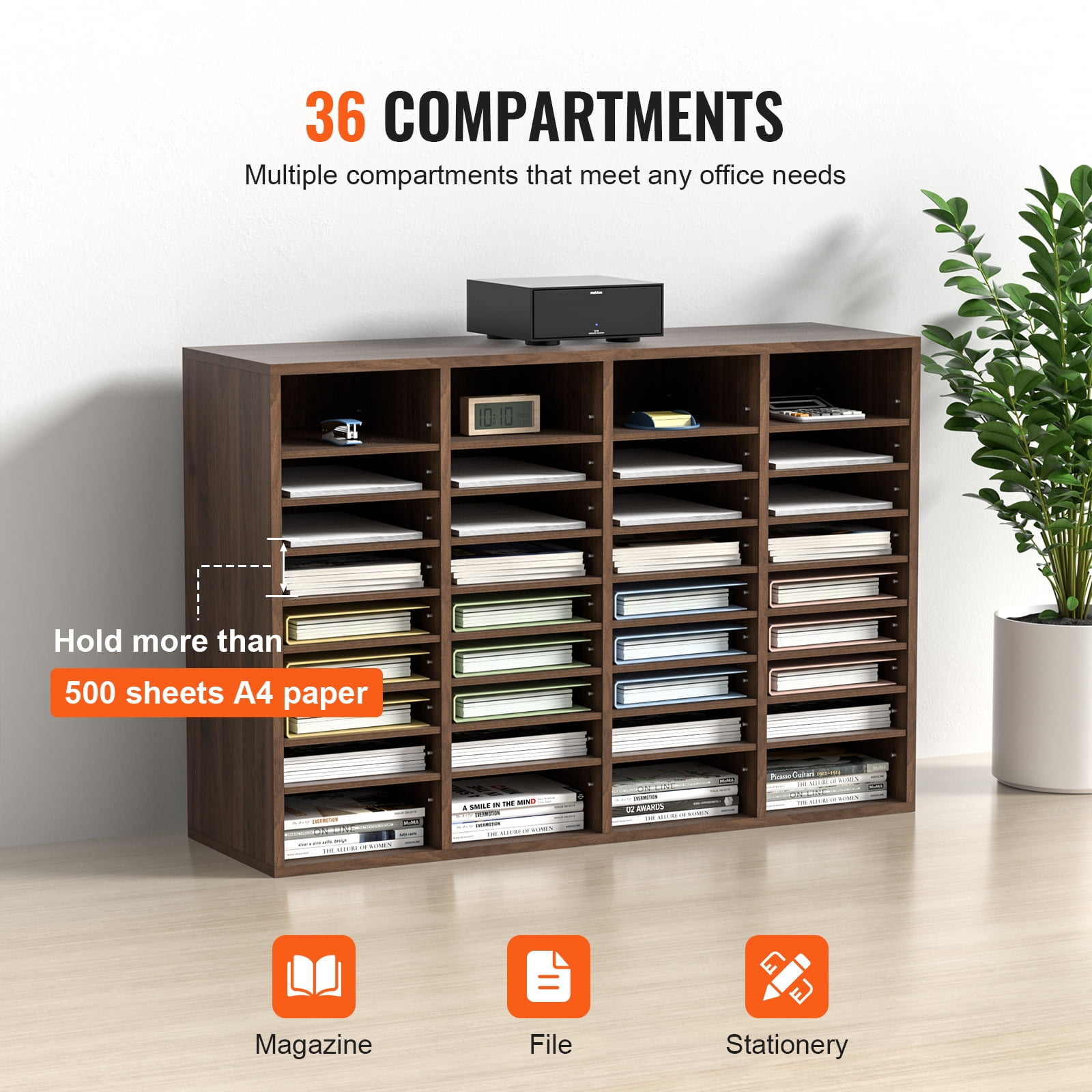 KFFKFF Document Storage Units, 36 Slots Office Post Box with Customizable Racks, Wooden Document Organizer Measuring 39.3x12x26.8 inches, Ideal for Office,Mailroom Arrangement,EPA Certified in Brown