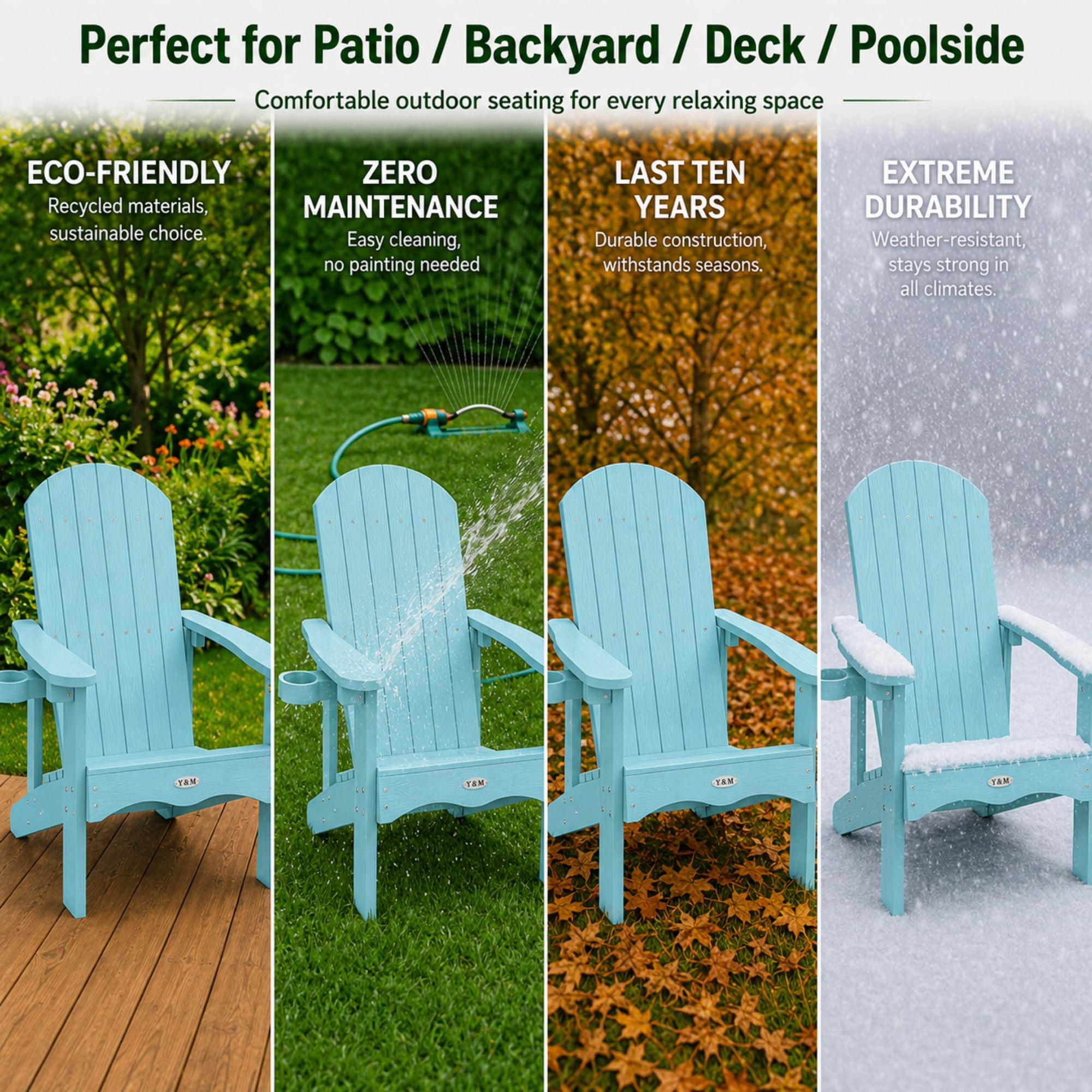 Y&M Adirondack Chair, HDPE Weather Resistant Outdoor Chair with Cup Holder, Light Blue