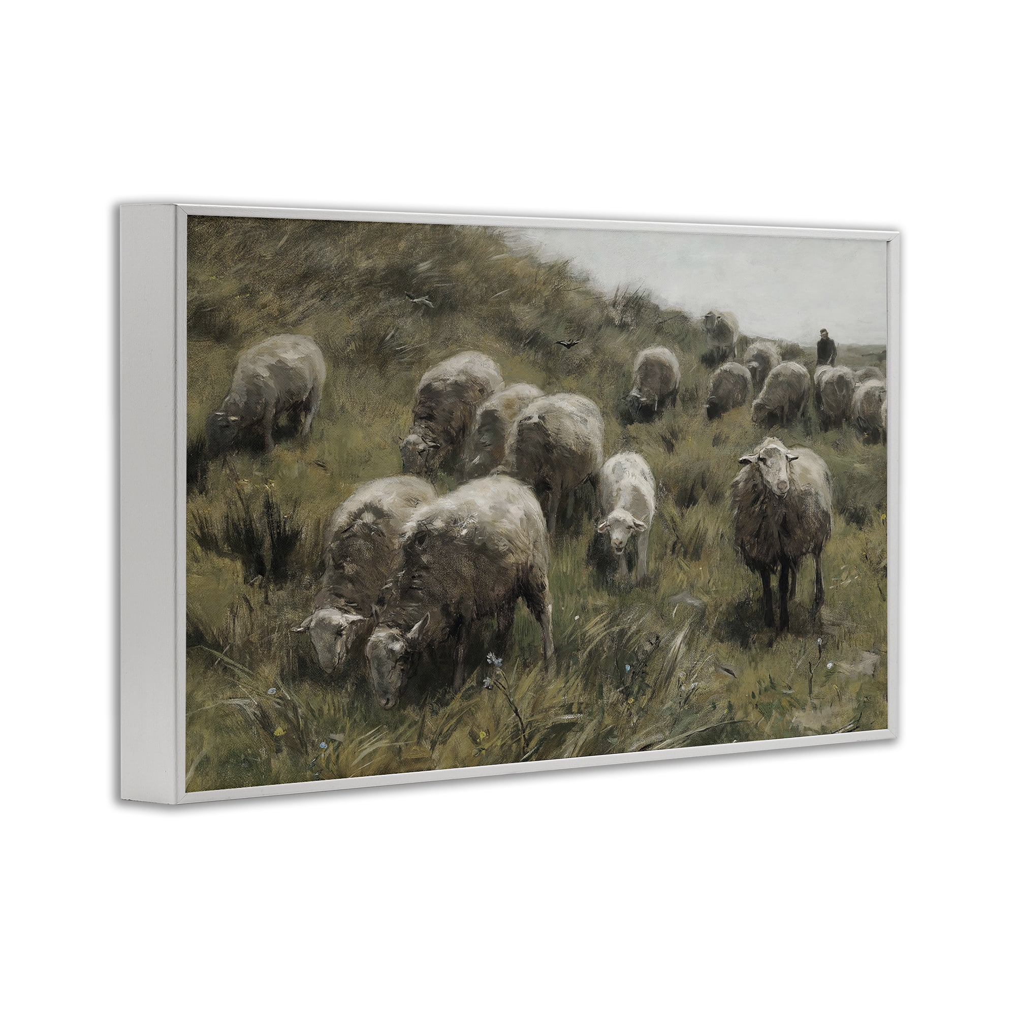 Stupell Industries Sheep At Pasture Landscape Painting White Framed Art Print Wall Art, 24 x 16