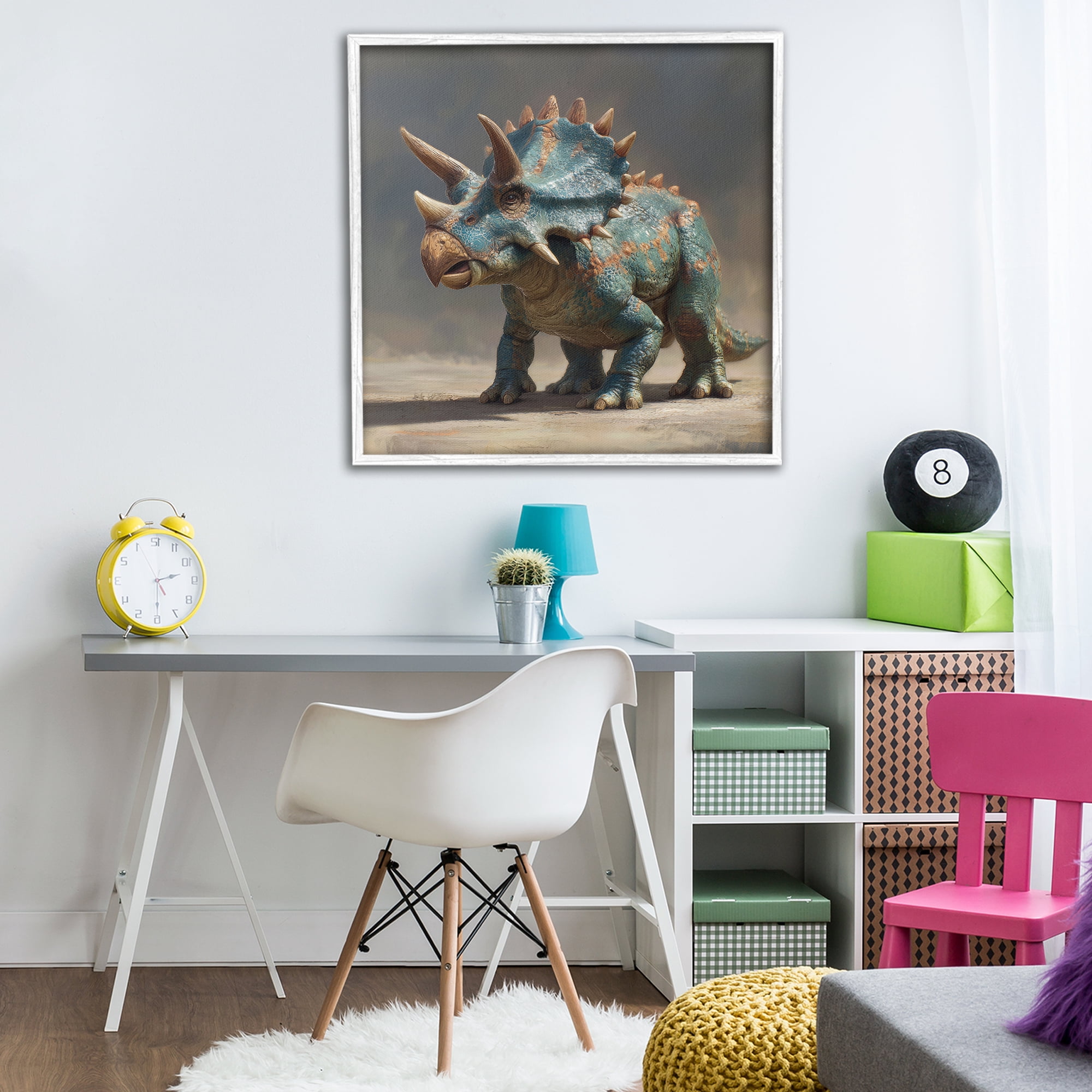 Stupell Industries Horned Triceratops at Sunrise White Framed Giclee Art, design by Wumples