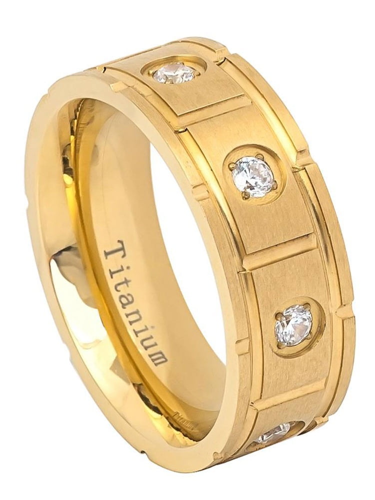 Prime Pristine Titanium Wedding Band Ring 7.5mm Gold Tone Notched Center Milgrain Ring