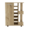 thumbnail image 3 of 32" H light oak bar-coffee cart, cabinet storage, with 4 wheels, 1 divided storage with 1 shelf, 1 folding door, a central vertical division for 6 bottles and 2 side shelves with aluminum front, 3 of 5