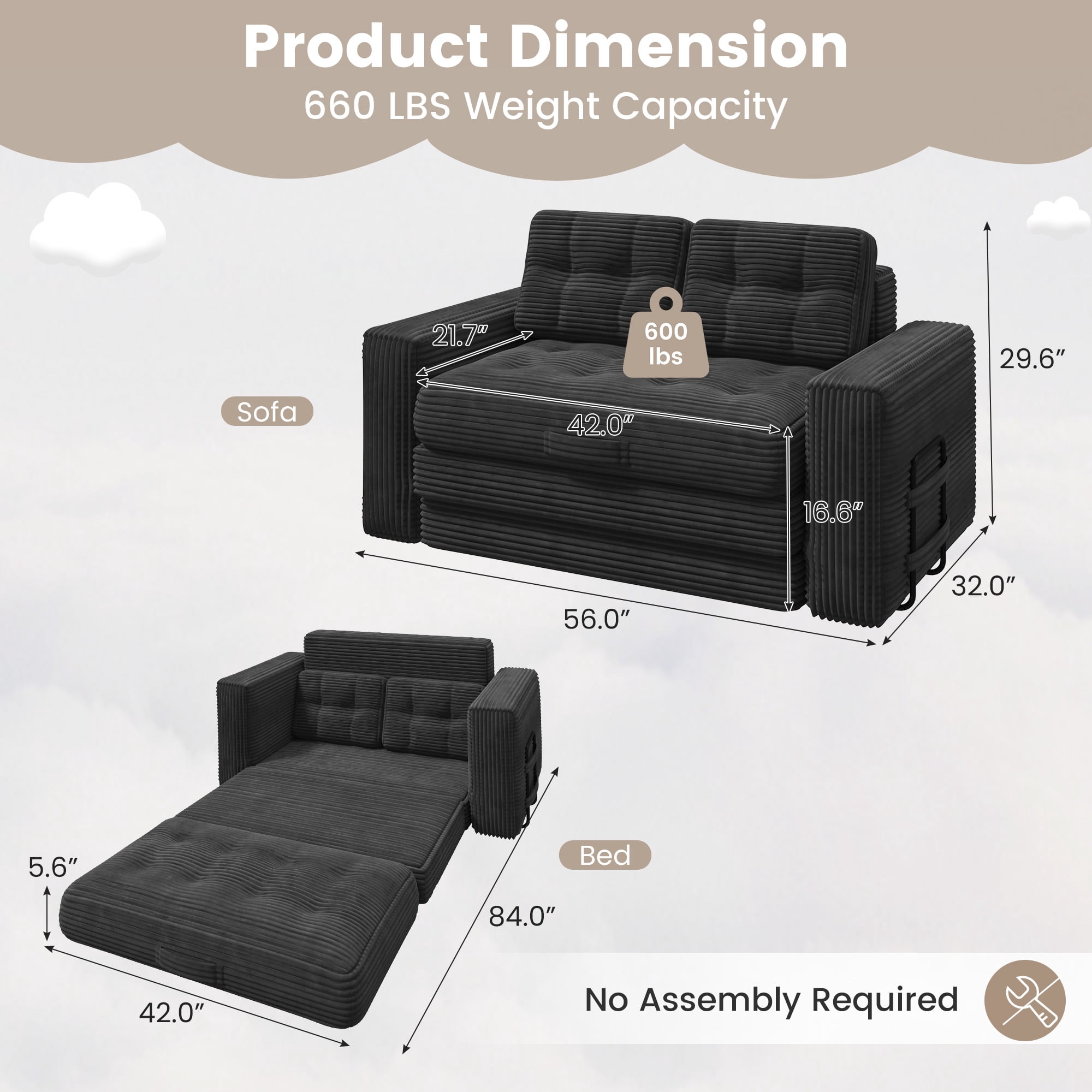 Erinnyees 2-in-1 Sleeper Sofa, No Assembly Corduroy Loveseat, Converts to Bed with Deep Seat & 2 Included Pillows