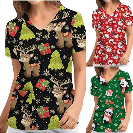 

Wirziis Christmas Costumes for Women Nursing Scrub Tops Christmas Printed Working Uniform Short Sleeve V-Neck Workwear Blouse T-shirt with Pockets