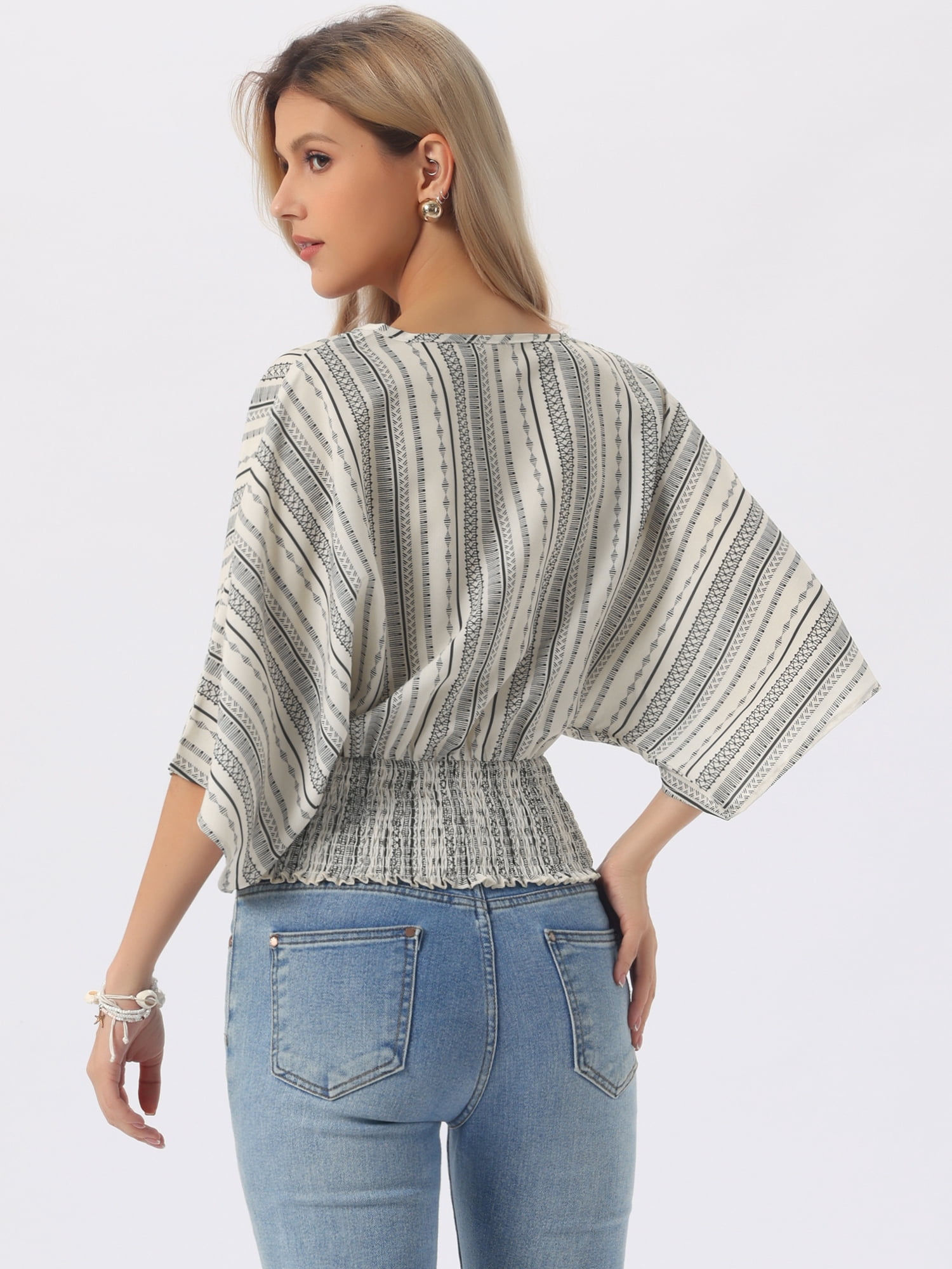 DARING DIVA Women's V Neck Chiffon Smocked Batwing Blouses XS Apricot
