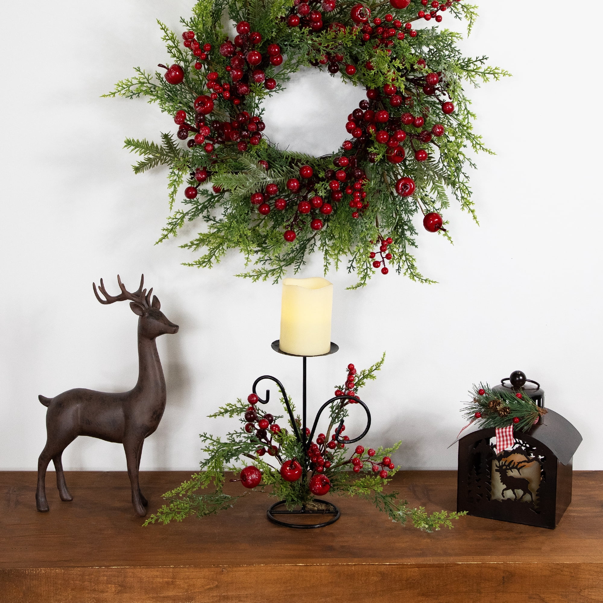 Northlight Apples and Berries Christmas Pillar Candle Holder - 10" - Green and Red