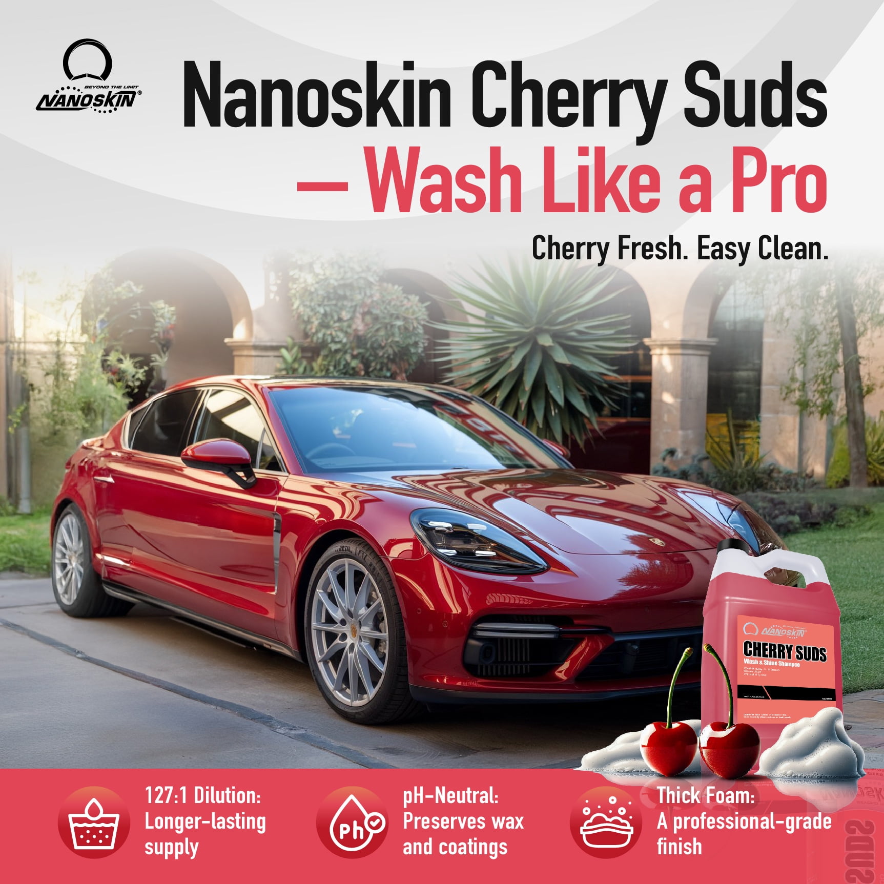 Nanoskin CHERRY SUDS Foaming Car Wash Shampoo 30 Gallons- Works with Foam Cannon, Foam Gun, Bucket Washes, Car Soap for Pressure Washer | Safe for Cars Trucks, Motorcycles, RVs & More | Cherry Scent